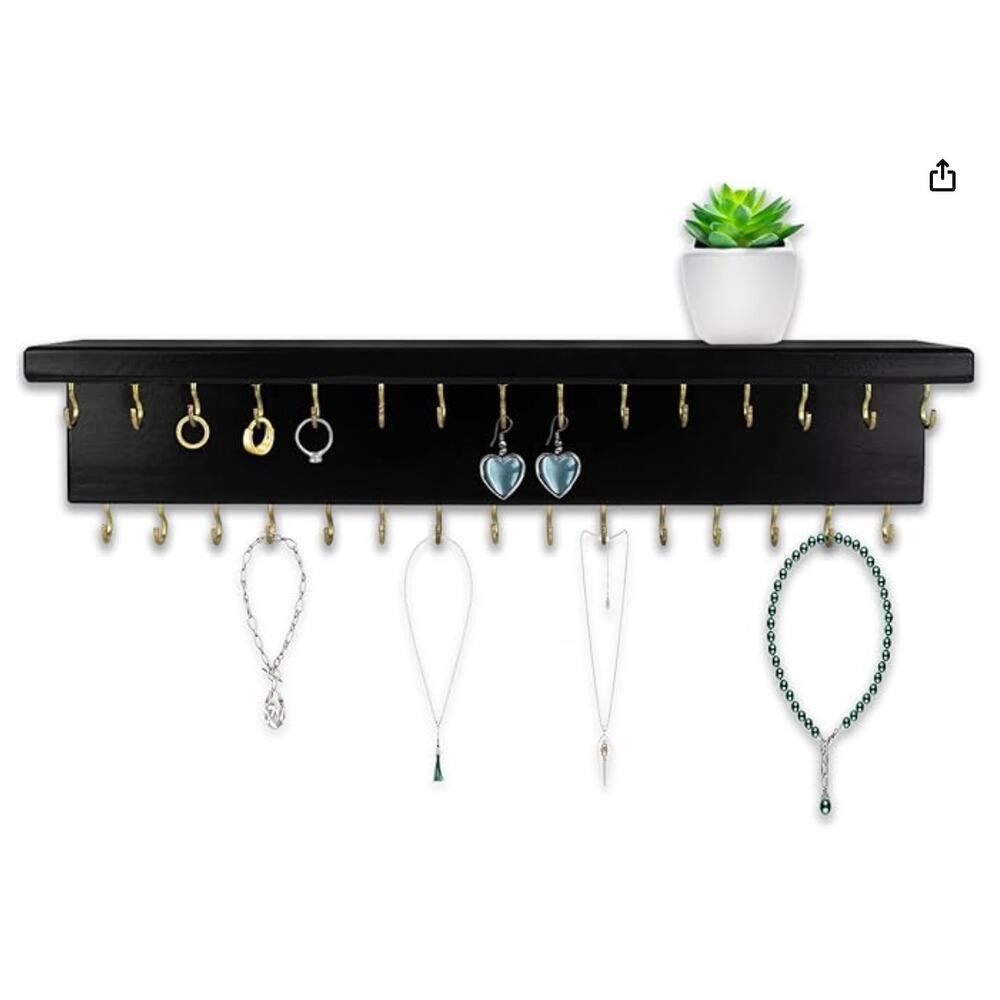 Hair Bow/Jewelry Organizer with 24 Hooks and Shelf, Wall Mounted- Black - Picture 2 of 5
